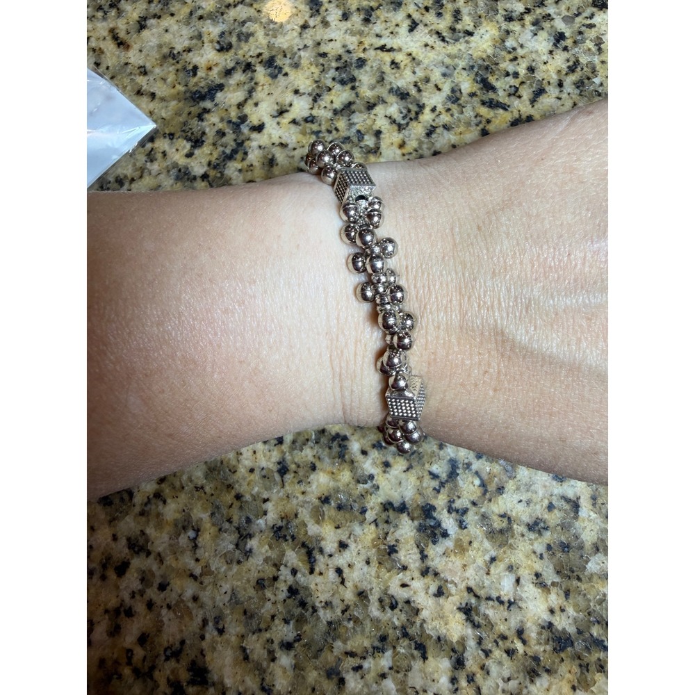 Silver Tone Beaded Stretch Bracelet Textured Square Accents Metallic Jewelry